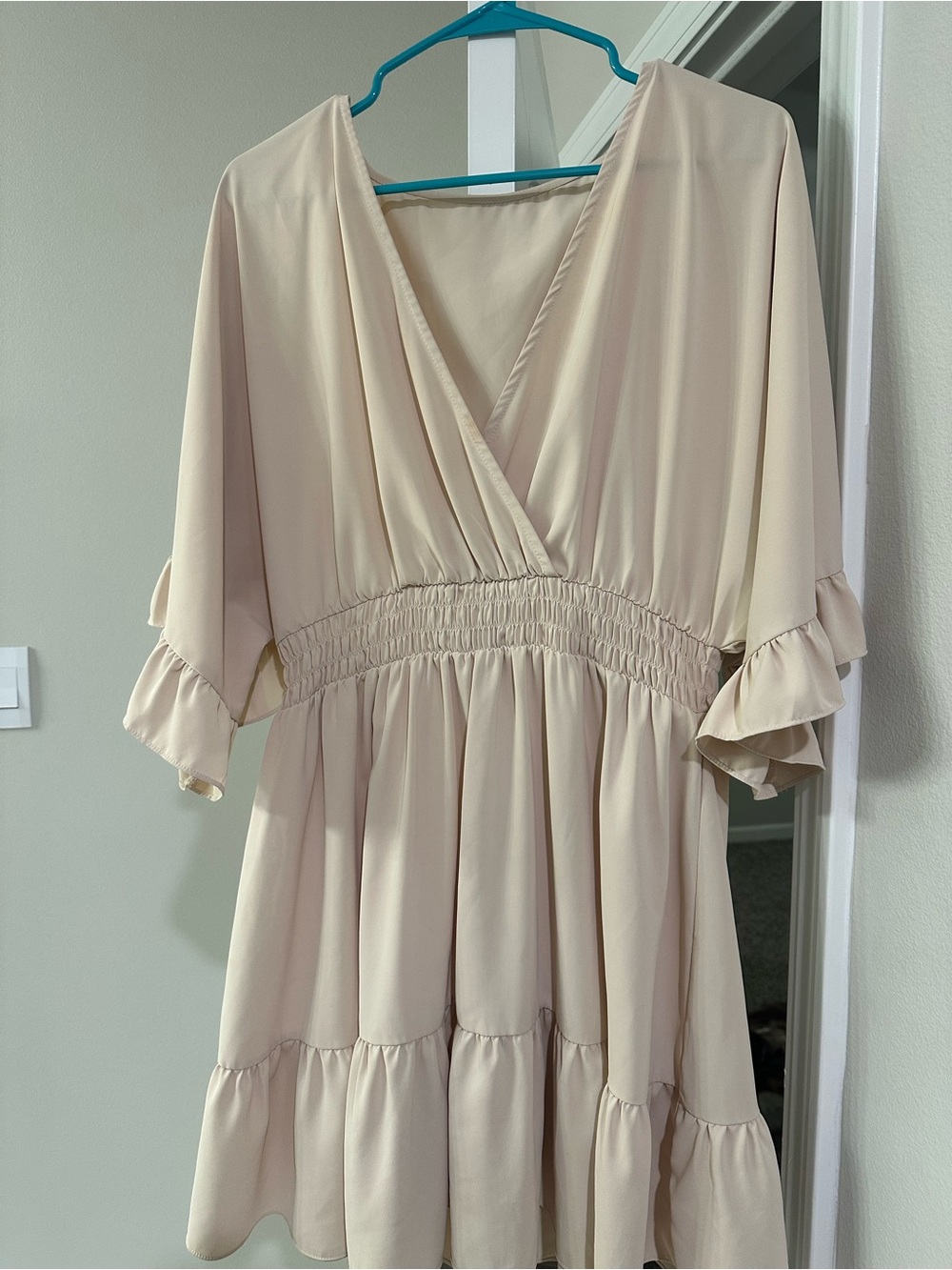 Amazon Cream V-Neck Smocked Waist Tiered Mini Dress